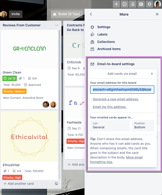 An image showing the Email-to-Board feature on Trello
