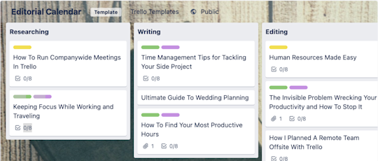 An image showing the Editorial Calendar template for a Trello board